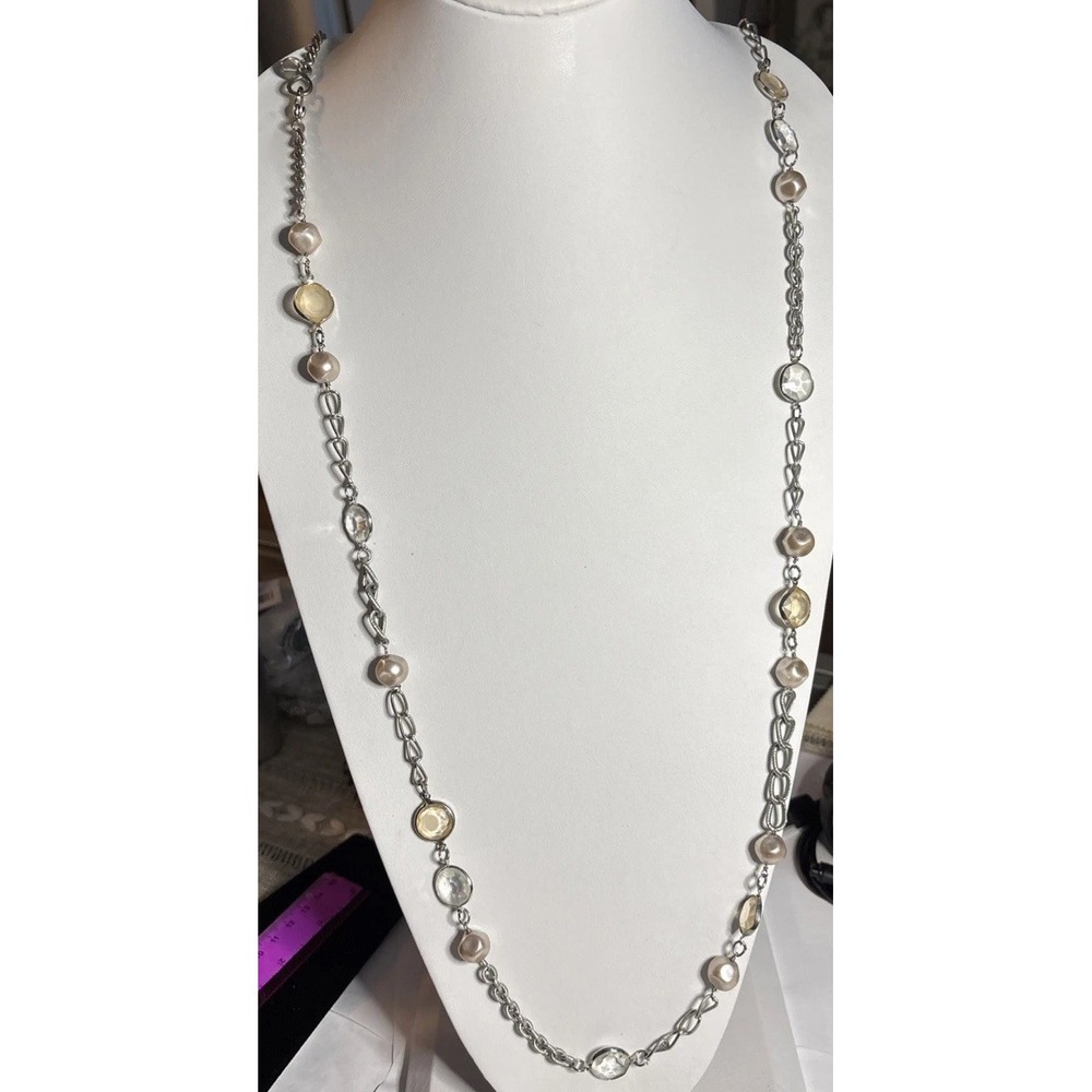 Talbots Long Silver Tone Mixed Chain Faux Pearl Crystal Station Necklace